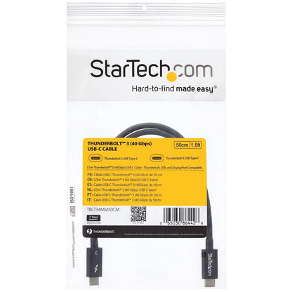 StarTech.com 50cm Thunderbolt 3 Cable (Part TBLT34MM50CM) – 40Gbps Data Transfer, 100W Power Delivery, Supports 4K & 5K Video