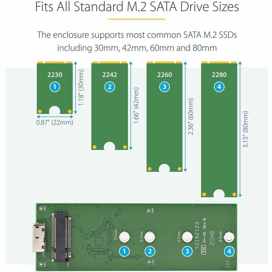 StarTech.com M.2 SATA SSD Enclosure SM21BMU31C3 - USB 3.1 External Aluminum Case for M.2 SATA Drives with USB-C Cable