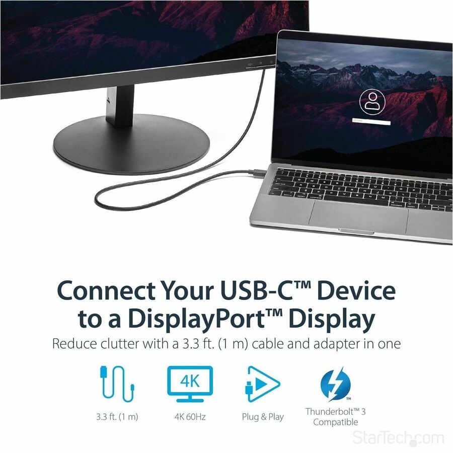 StarTech.com 3ft USB-C to DisplayPort 1.2 Cable - 4K 60Hz UHD Video Adapter for Thunderbolt 3 & USB Type-C Devices