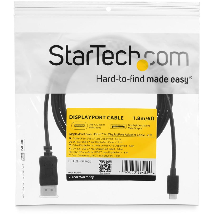 StarTech.com 6ft USB-C to DisplayPort 1.2 Cable - 4K 60Hz UHD Video Adapter for Thunderbolt 3 & USB Type-C Devices