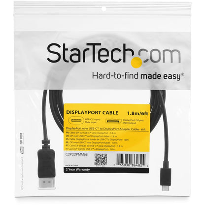 StarTech.com 6ft USB-C to DisplayPort 1.2 Cable - 4K 60Hz UHD Video Adapter for Thunderbolt 3 & USB Type-C Devices