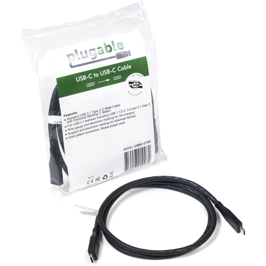 Plugable USB 3.1 Gen 2 USB-C to USB-C Cable - 3.3 ft, 10Gbps Data Transfer, 60W Power Delivery, Certified