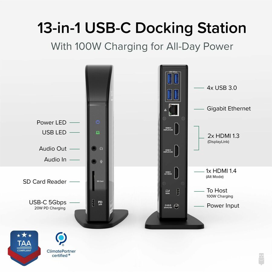 Plugable UD-ULTCDL USB-C Triple Monitor Docking Station with 100W Power Delivery