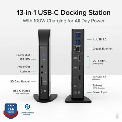 Plugable UD-ULTCDL USB-C Triple Monitor Docking Station with 100W Power Delivery