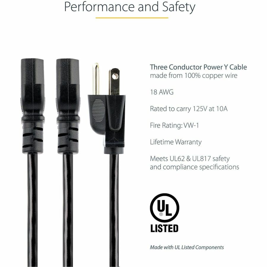 StarTech.com 10ft Computer Power Y Cord – NEMA 5-15P to 2x IEC 60320 C13, 125V 10A, Black