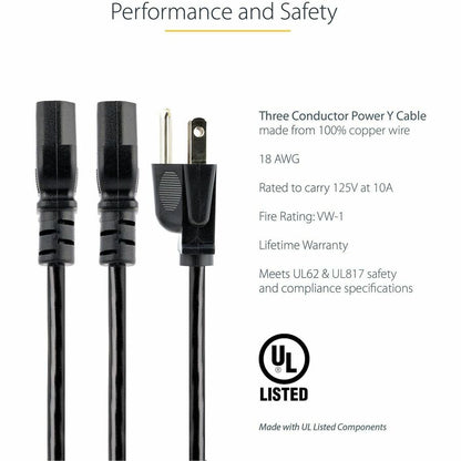 StarTech.com 10ft Computer Power Y Cord – NEMA 5-15P to 2x IEC 60320 C13, 125V 10A, Black