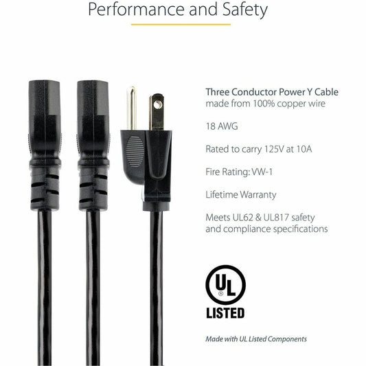 StarTech.com 10ft Computer Power Y Cord – NEMA 5-15P to 2x IEC 60320 C13, 125V 10A, Black