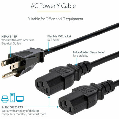 StarTech.com 10ft Computer Power Y Cord – NEMA 5-15P to 2x IEC 60320 C13, 125V 10A, Black