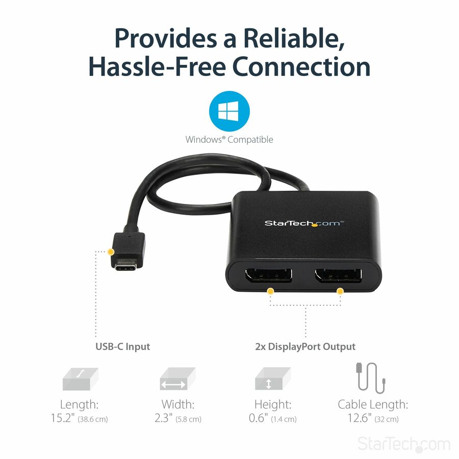 StarTech.com USB-C to Dual DisplayPort MST Hub Part MSTCDP122DP for Windows - 2-Port 4K UHD Multi-Monitor Splitter