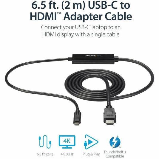 StarTech.com USB-C to HDMI Adapter Cable - 6 ft / 2m - 4K Ultra HD at 30Hz - Compatible with Thunderbolt 3 Devices