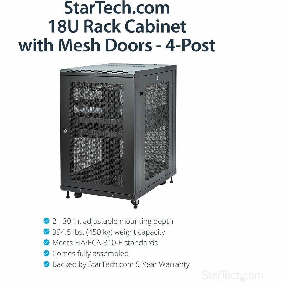 StarTech.com 18U Server Rack Cabinet with Adjustable Depth, Casters, and Locking Doors