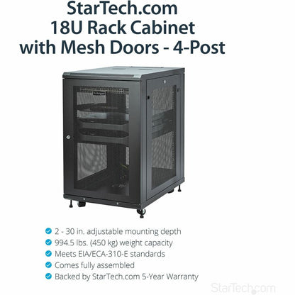 StarTech.com 18U Server Rack Cabinet with Adjustable Depth, Casters, and Locking Doors