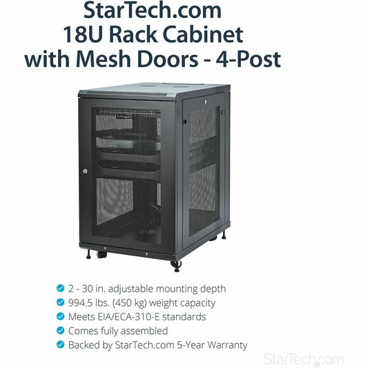 StarTech.com 18U Server Rack Cabinet with Adjustable Depth, Casters, and Locking Doors