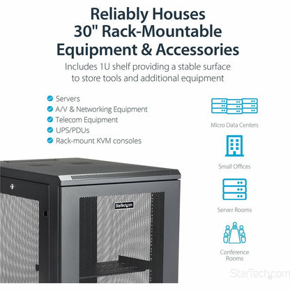 StarTech.com 18U Server Rack Cabinet with Adjustable Depth, Casters, and Locking Doors