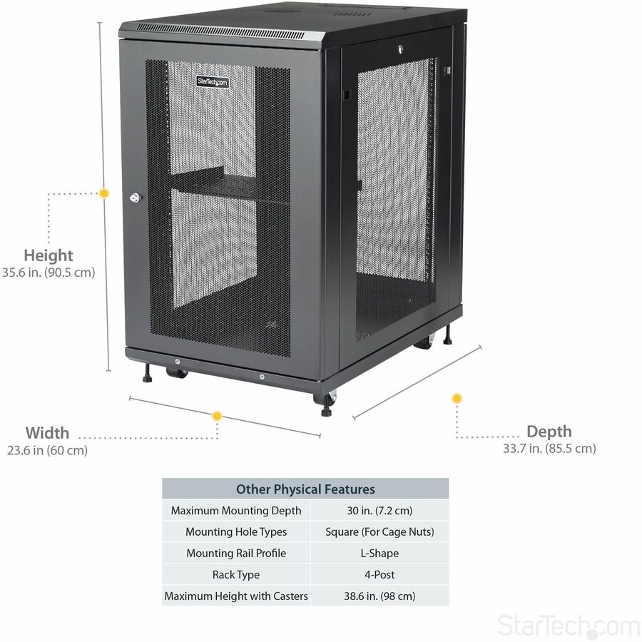 StarTech.com 18U Server Rack Cabinet with Adjustable Depth, Casters, and Locking Doors