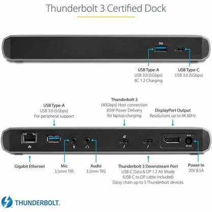 StarTech.com Thunderbolt 3 Dock - Dual 4K Monitor Laptop Docking Station with Power Delivery and USB 3.0 Ports