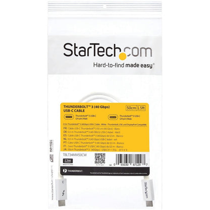 StarTech.com 1.6ft Thunderbolt 3 Cable TBLT34MM50CW for High-Speed Data & Video Transfer