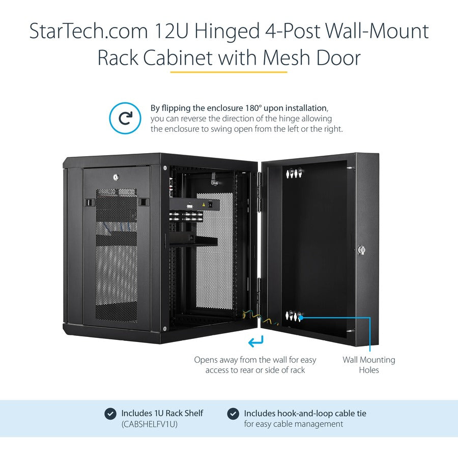 StarTech.com RK12WALHM 12U Wall-Mount Server Rack Cabinet with Hinged Door and Adjustable Depth