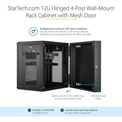 StarTech.com RK12WALHM 12U Wall-Mount Server Rack Cabinet with Hinged Door and Adjustable Depth