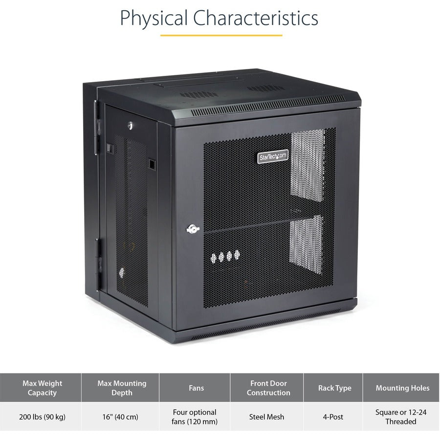 StarTech.com RK12WALHM 12U Wall-Mount Server Rack Cabinet with Hinged Door and Adjustable Depth