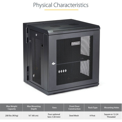 StarTech.com RK12WALHM 12U Wall-Mount Server Rack Cabinet with Hinged Door and Adjustable Depth