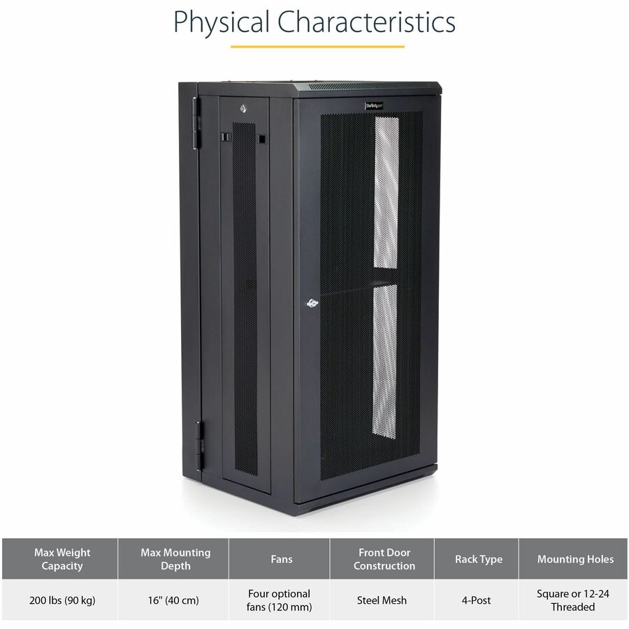 StarTech.com 26U Wall Mount Server Rack Cabinet - 20 in. Depth, Lockable, Hinged Door for Data and Network Equipment