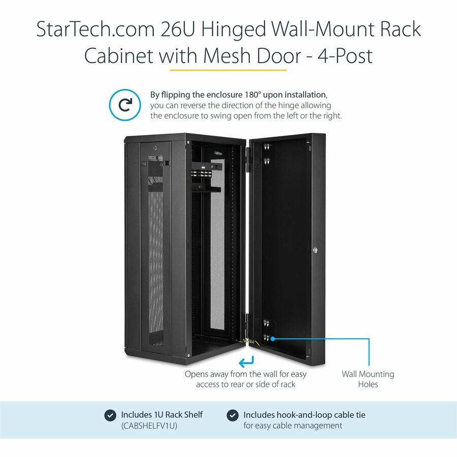 StarTech.com 26U Wall Mount Server Rack Cabinet - 20 in. Depth, Lockable, Hinged Door for Data and Network Equipment
