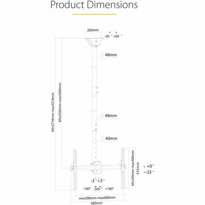 StarTech.com FPCEILPTBLP Ceiling TV Mount for 32-75 Inch Displays with Adjustable Height and Full Motion