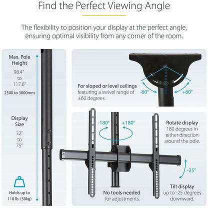 StarTech.com FPCEILPTBLP Ceiling TV Mount for 32-75 Inch Displays with Adjustable Height and Full Motion