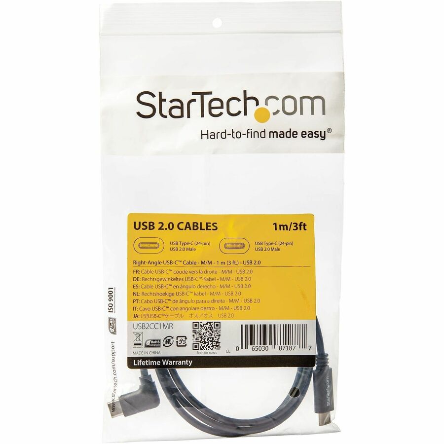 StarTech.com 1m (3 ft) Right-Angle USB-C Cable – USB 2.0 Male to Male, 90-Degree Connector, Compatible with Thunderbolt 3 Devices