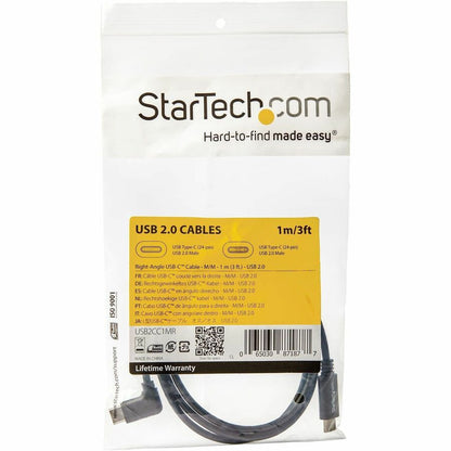 StarTech.com 1m (3 ft) Right-Angle USB-C Cable – USB 2.0 Male to Male, 90-Degree Connector, Compatible with Thunderbolt 3 Devices