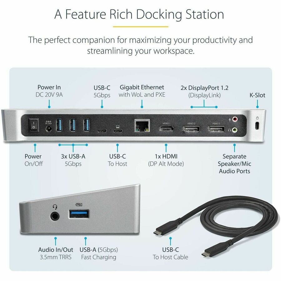 StarTech.com DK30CH2DPPD Triple 4K USB-C Docking Station for Mac and Windows Laptops