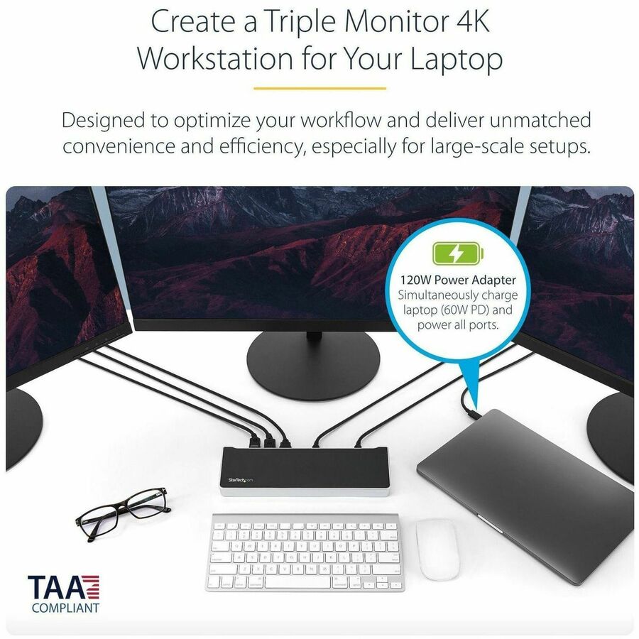 StarTech.com DK30CH2DPPD Triple 4K USB-C Docking Station for Mac and Windows Laptops
