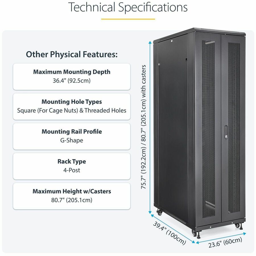 StarTech.com 42U Server Rack Cabinet - 36-inch Deep Equipment Enclosure with Casters and Lockable Doors