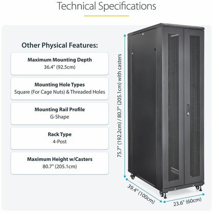 StarTech.com 42U Server Rack Cabinet - 36-inch Deep Equipment Enclosure with Casters and Lockable Doors