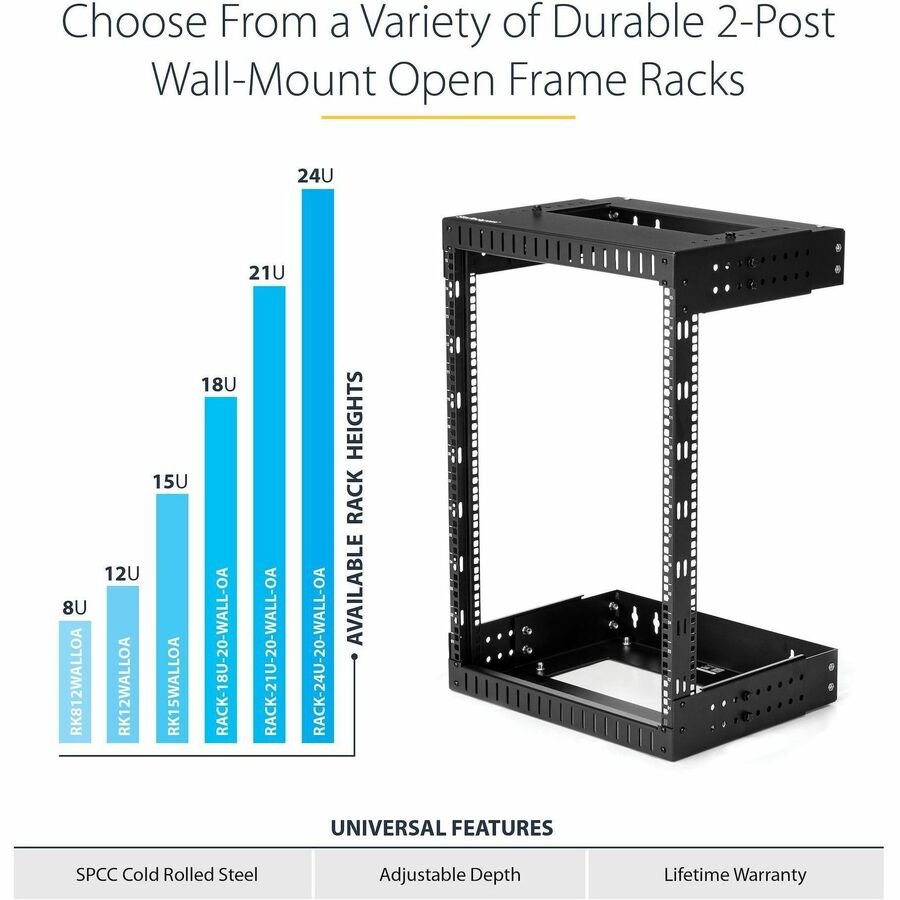StarTech.com 12U Wall Mount Server Rack - Adjustable Open Frame Steel Data Rack for Networking Equipment
