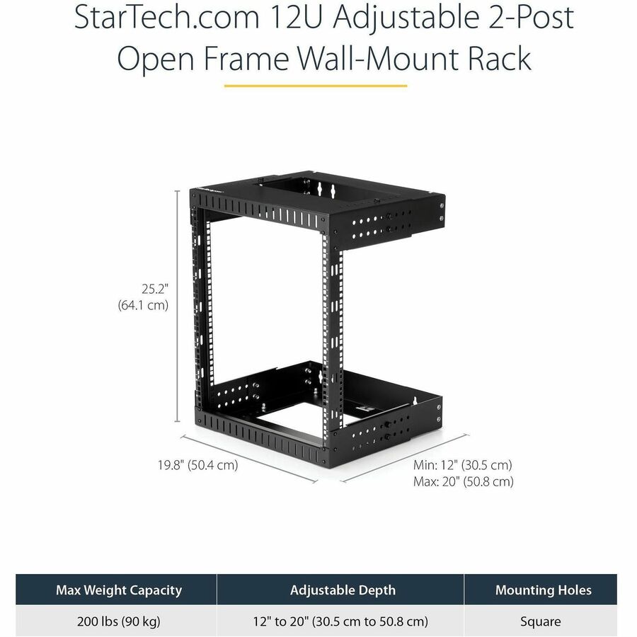 StarTech.com 12U Wall Mount Server Rack - Adjustable Open Frame Steel Data Rack for Networking Equipment