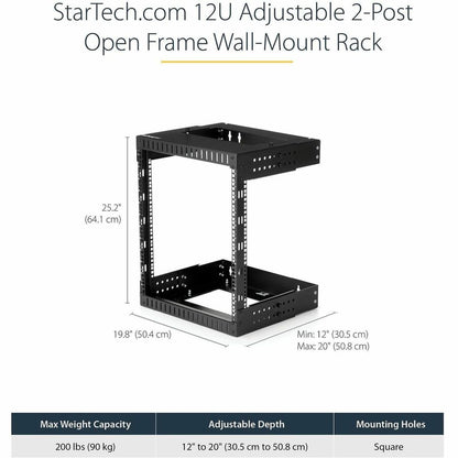 StarTech.com 12U Wall Mount Server Rack - Adjustable Open Frame Steel Data Rack for Networking Equipment