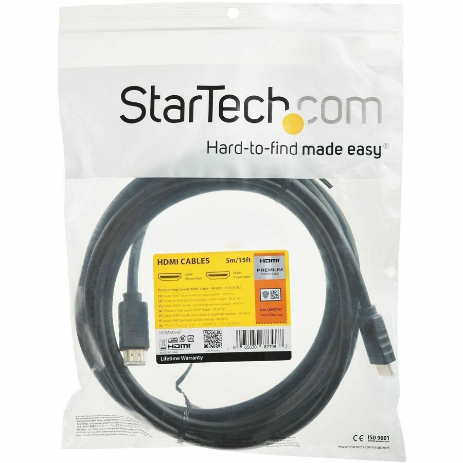 StarTech.com 15ft (5m) Premium Certified HDMI 2.0 Cable with Ethernet for 4K UHD and HDR