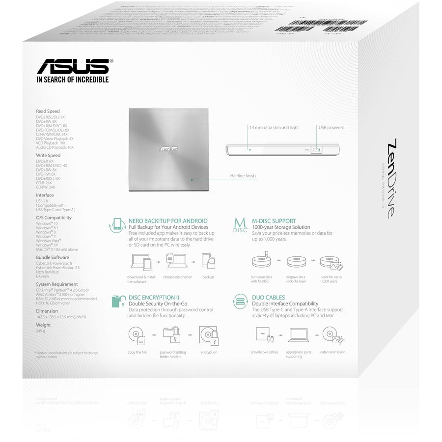 Asus ZenDrive SDRW-08U9M-U External DVD Writer – Slim Silver USB-C & USB-A Compatibility