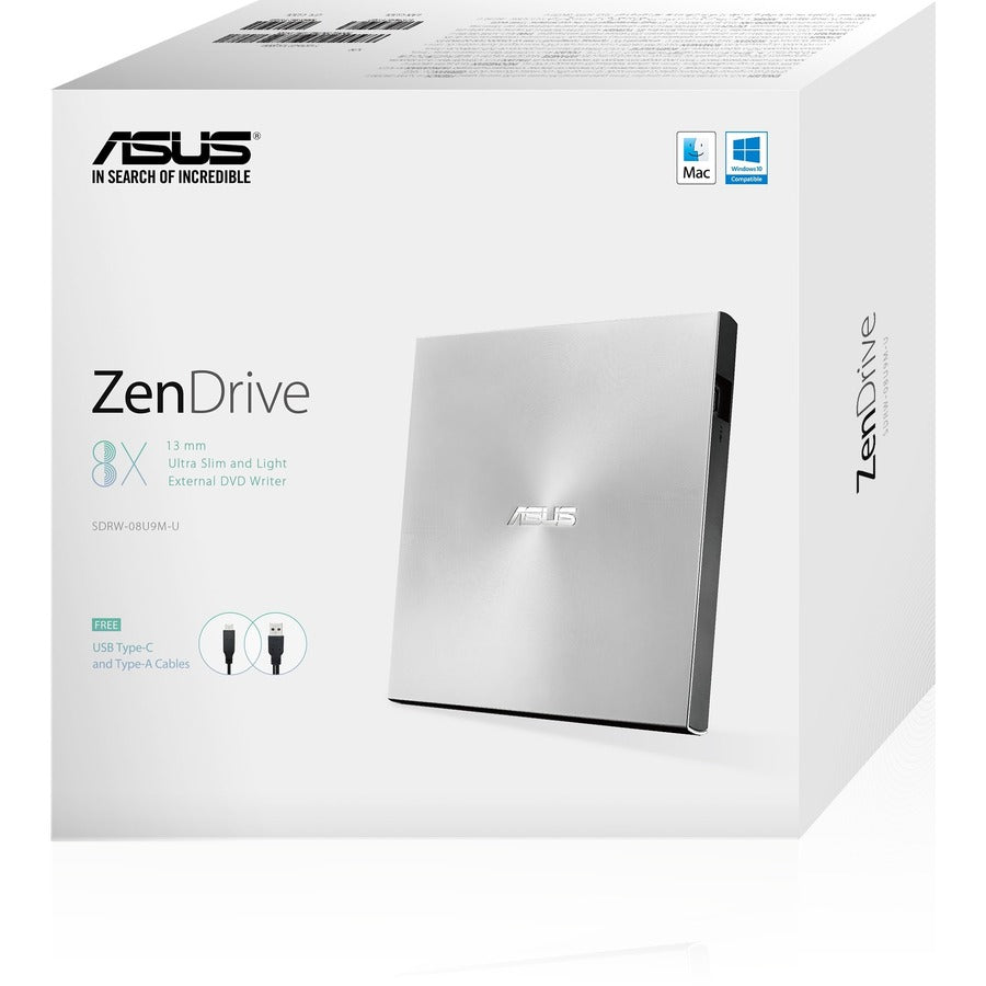 Asus ZenDrive SDRW-08U9M-U External DVD Writer – Slim Silver USB-C & USB-A Compatibility