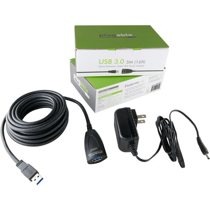 Plugable 5 Meter (16 ft) USB 3.0 Active Extension Cable with Power Adapter and Back-Voltage Protection