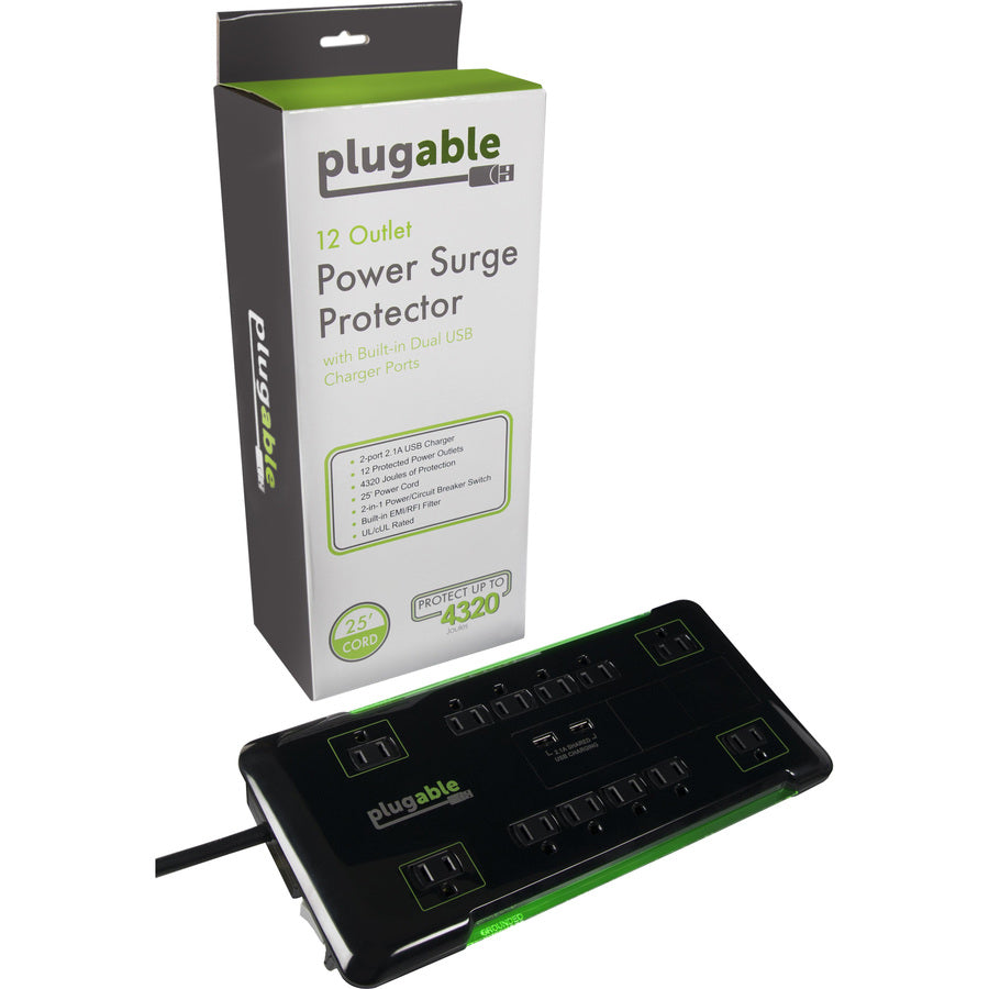 Plugable Technologies PS12-USB25 Surge Protector Power Strip with 12 Outlets and USB Charging