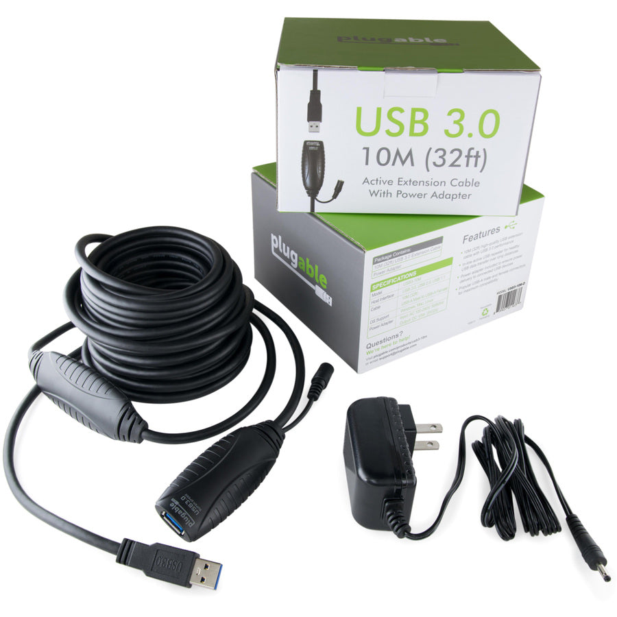 Plugable 10 Meter (32 ft) USB 3.0 Extension Cable with Back-Voltage Protection and Power Adapter