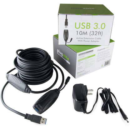 Plugable 10 Meter (32 ft) USB 3.0 Extension Cable with Back-Voltage Protection and Power Adapter