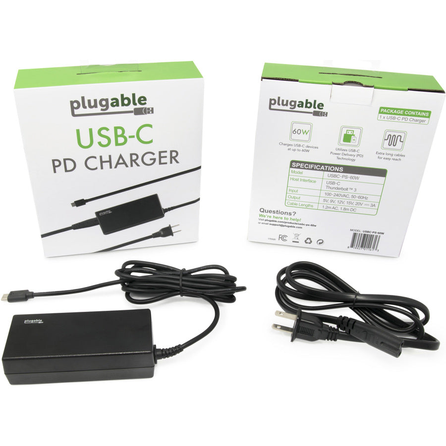 Plugable Technologies USB-C Power Delivery 60W Charger - Compact and Fast Charging for Laptops, Tablets, and Phones