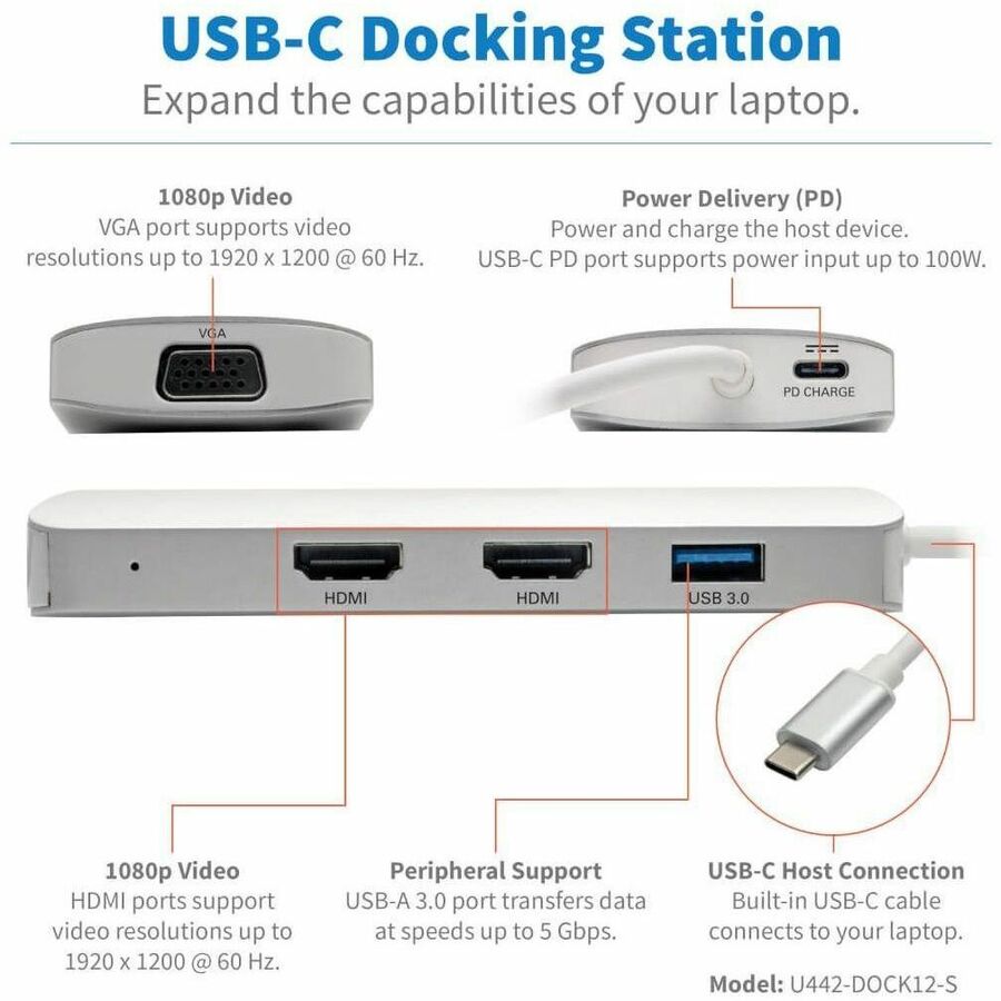 Eaton Tripp Lite Series U442-DOCK12-S USB-C Docking Station with Triple Display Support and 60W Power Delivery