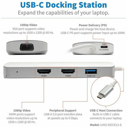 Eaton Tripp Lite Series U442-DOCK12-S USB-C Docking Station with Triple Display Support and 60W Power Delivery