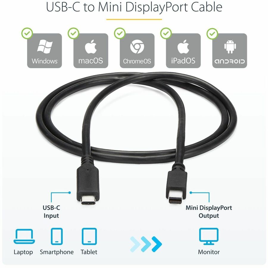 StarTech.com 1 m (3.3 ft) USB-C to Mini DisplayPort Cable – 4K 60Hz – Black