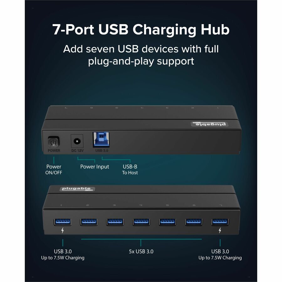 Plugable Technologies USB 3.0 7-Port Hub with Power Adapter and Blue LED Indicators